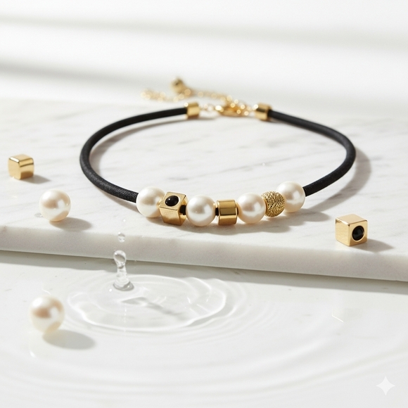 🆕️Modern Chic Pearl And Gold Bead Necklace On Leather Cord + Bonus Earrings - Picture 11 of 13